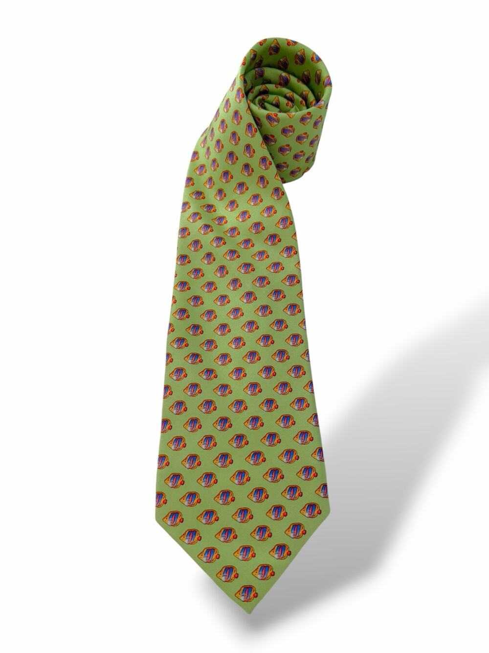 J.CREW Men's Green Fish Print Silk Necktie Novelty Preppy Summer Yacht Club NEW